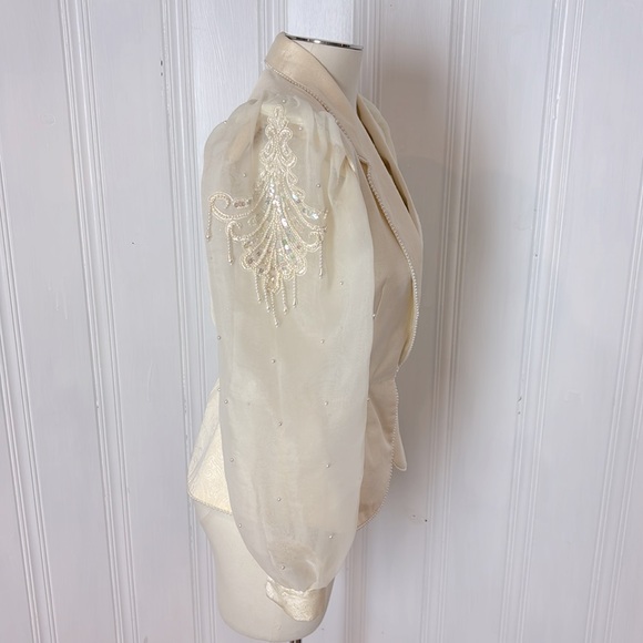 MARNI KNITS Vintage Off-White Hand-Loomed Beaded Jacket with Sheer Puffy Sleeves - Picture 2 of 14